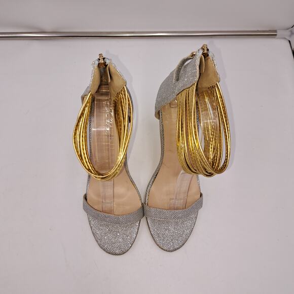 Women 7.5 Silver Lamé Gold Stringy Ankle Strap Stilletto Heel Open Toe Sandals - Picture 4 of 8